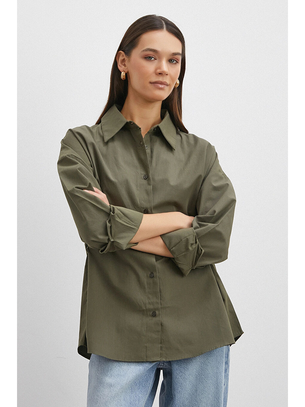 Düğme Detaylı Pamuklu Gömlek Haki-2