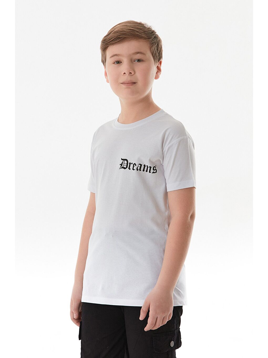Beyaz Dreams Yazı Baskılı Bisiklet Yaka Erkek Çocuk Tişört