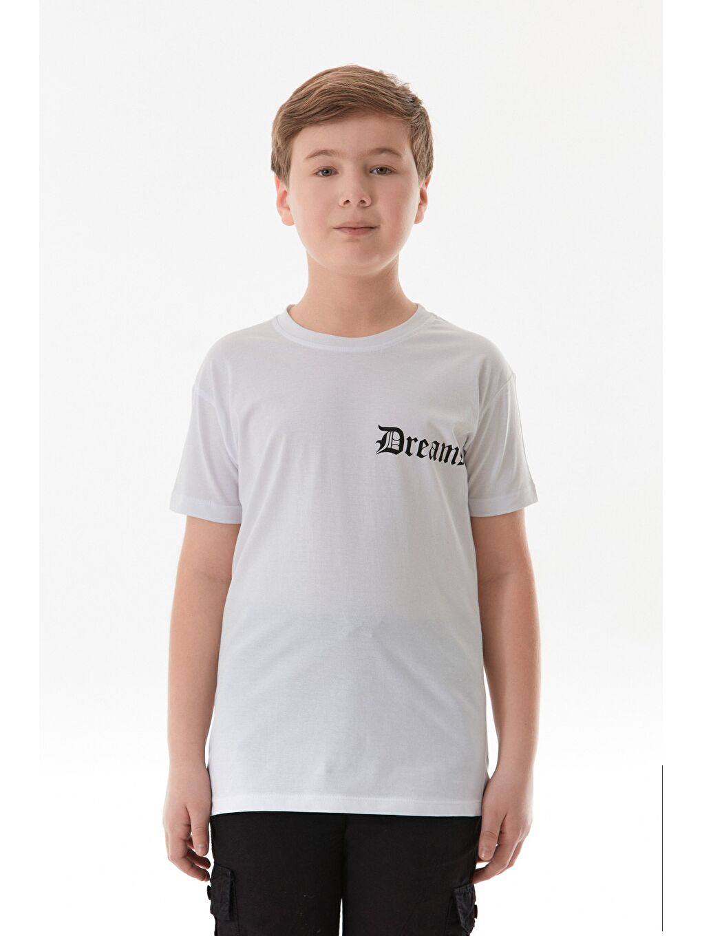 Beyaz Dreams Yazı Baskılı Bisiklet Yaka Erkek Çocuk Tişört-1