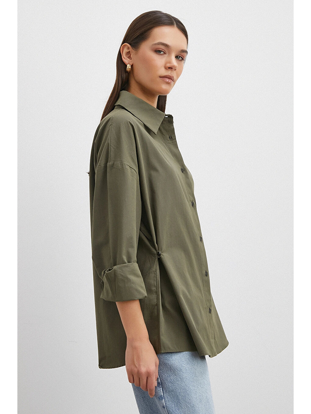 Düğme Detaylı Pamuklu Gömlek Haki-3