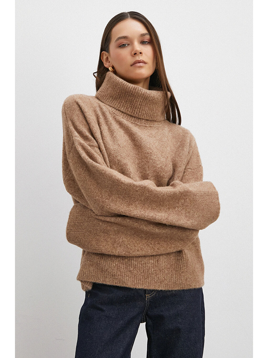 Bej Balıkçı Yaka Uzun Kollu Kazak Vizon-2