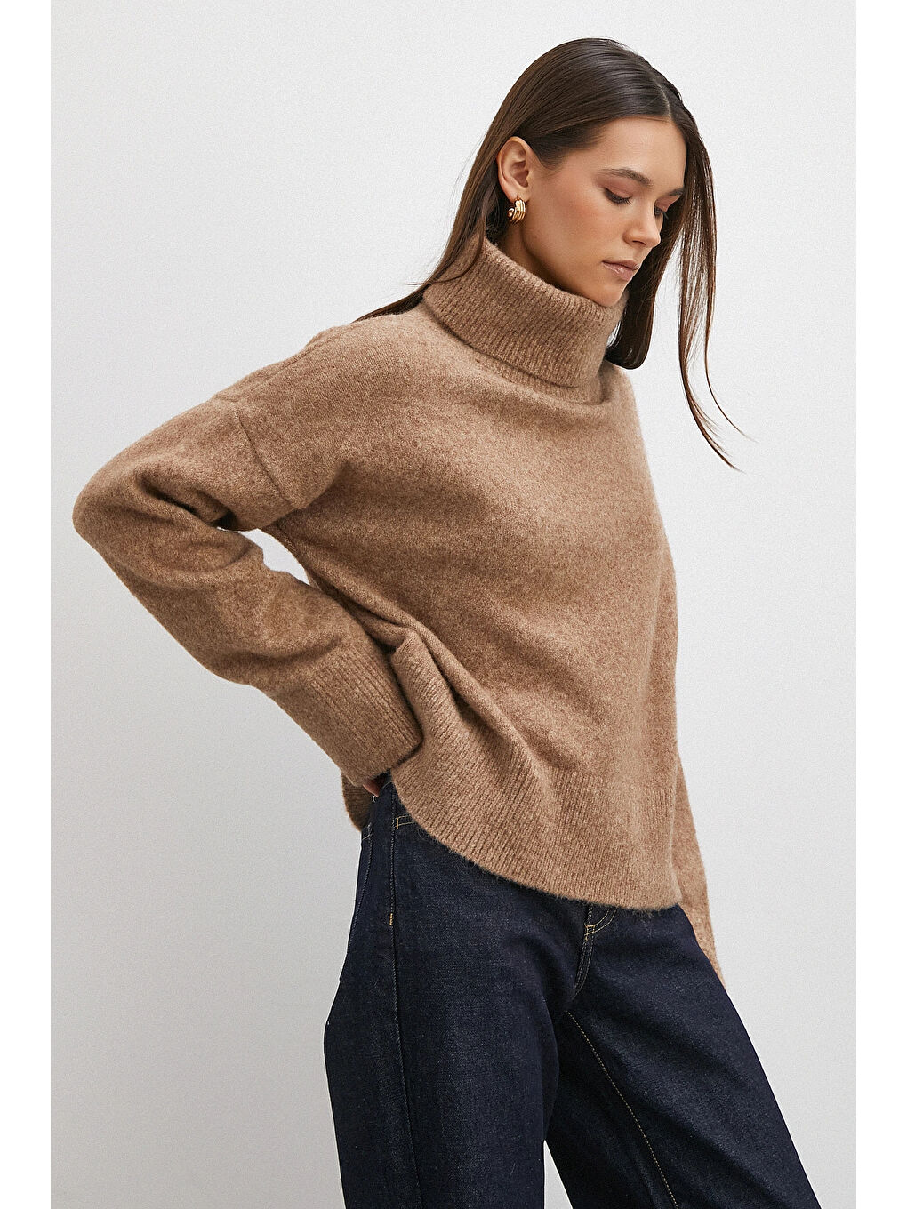 Bej Balıkçı Yaka Uzun Kollu Kazak Vizon-3