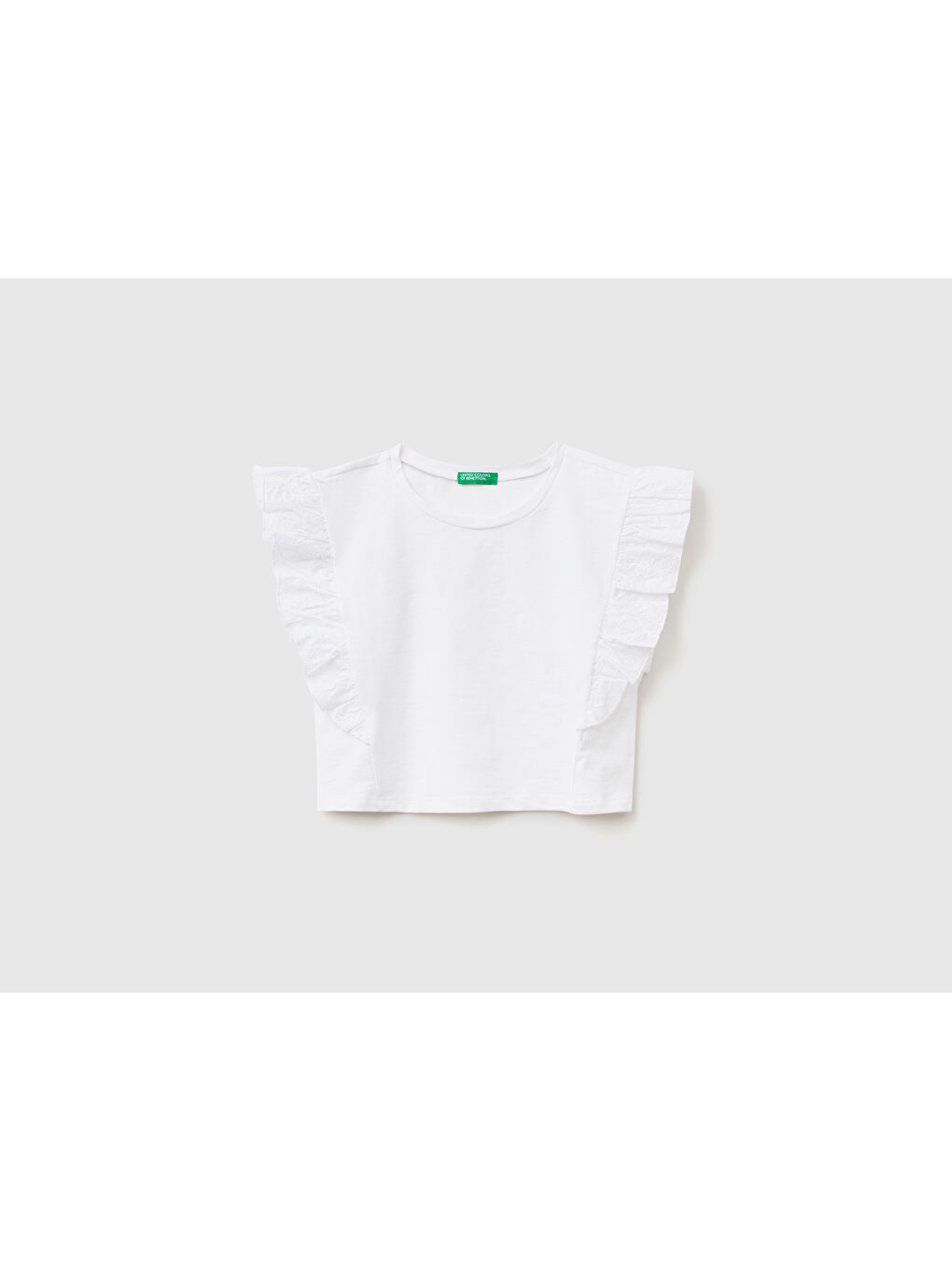 Kız Çocuk Beyaz Kolu Kuşgözü Fırfırlı Slub Tişört