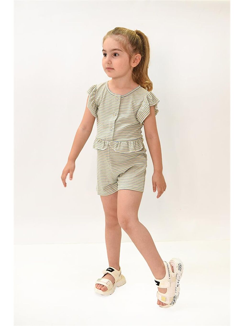 Mavi Kız Çocuk Fırfır Detaylı Çıtçıtlı Renkli Çizgili Tulum-1