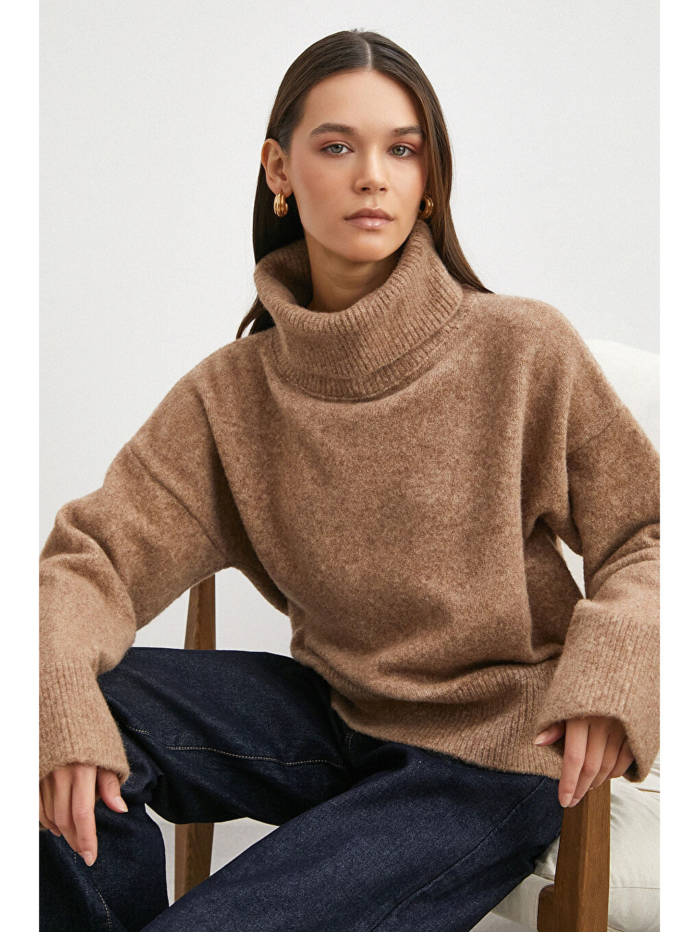 Bej Balıkçı Yaka Uzun Kollu Kazak Vizon-4