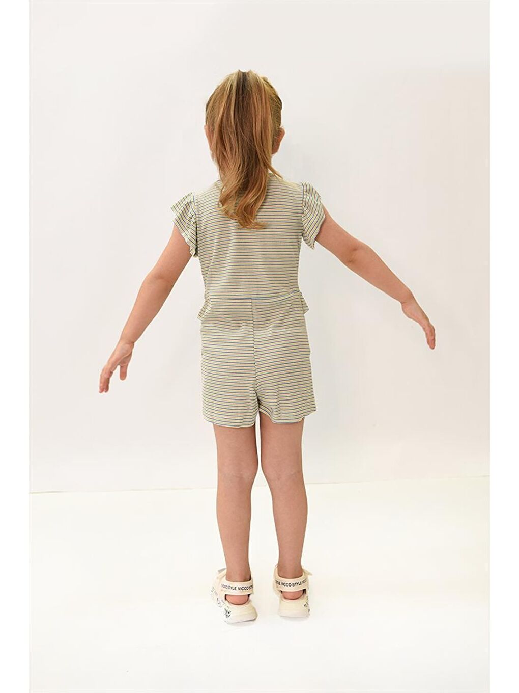 Mavi Kız Çocuk Fırfır Detaylı Çıtçıtlı Renkli Çizgili Tulum-2