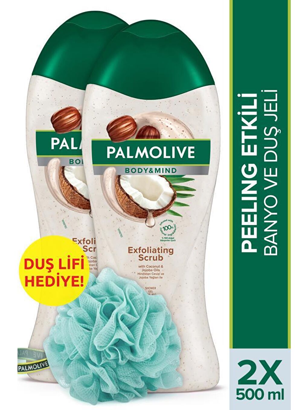 Palmolive Gri Body & Mind Hindistan Cevizi Peeling Etkili Banyo Ve Duş Jeli 500 ml x 2 Adet + Duş Lifi Hediye