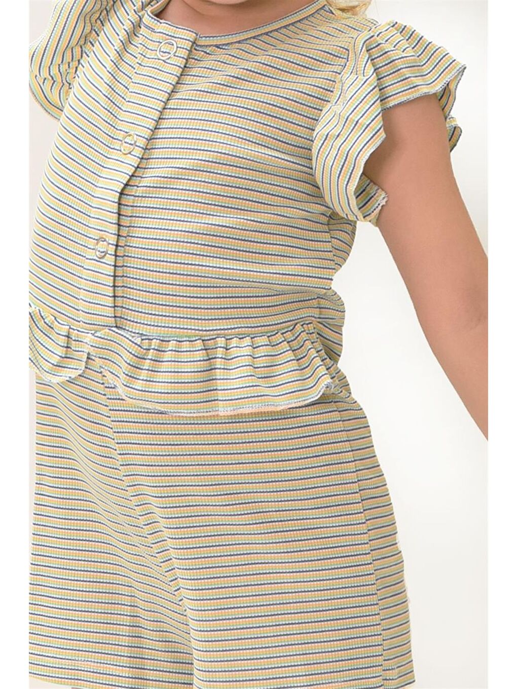 Mavi Kız Çocuk Fırfır Detaylı Çıtçıtlı Renkli Çizgili Tulum-3