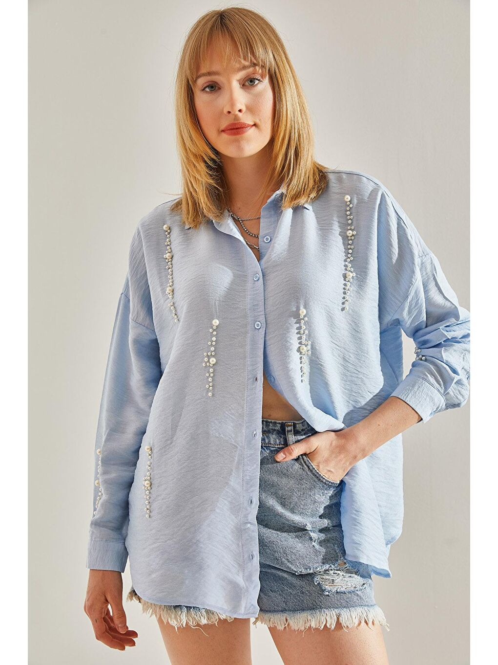 Mavi Kadın Keten İnci Taş Oversize Gömlek