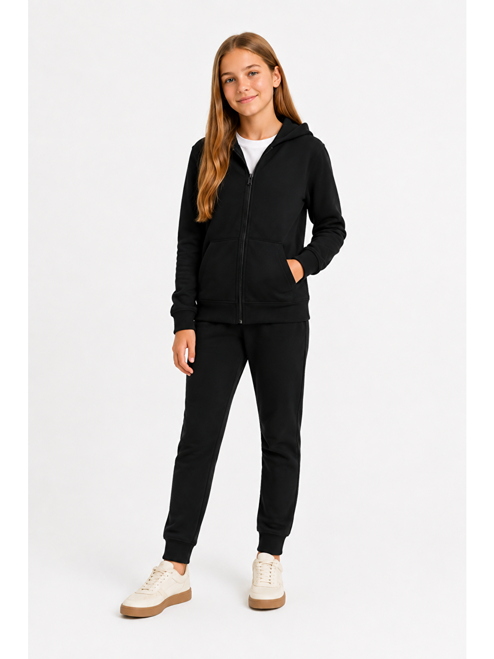 Siyah Kız Çocuk Basic Fermuarlı Kalın 3 İplik Kışlık Okul Sweat Ak264495