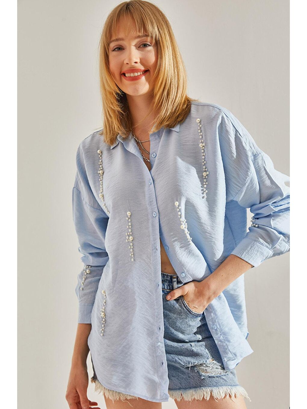 Mavi Kadın Keten İnci Taş Oversize Gömlek-1