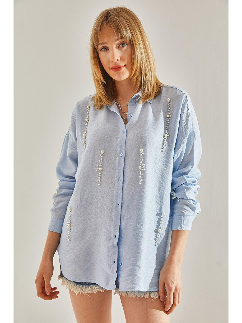 Mavi Kadın Keten İnci Taş Oversize Gömlek-2