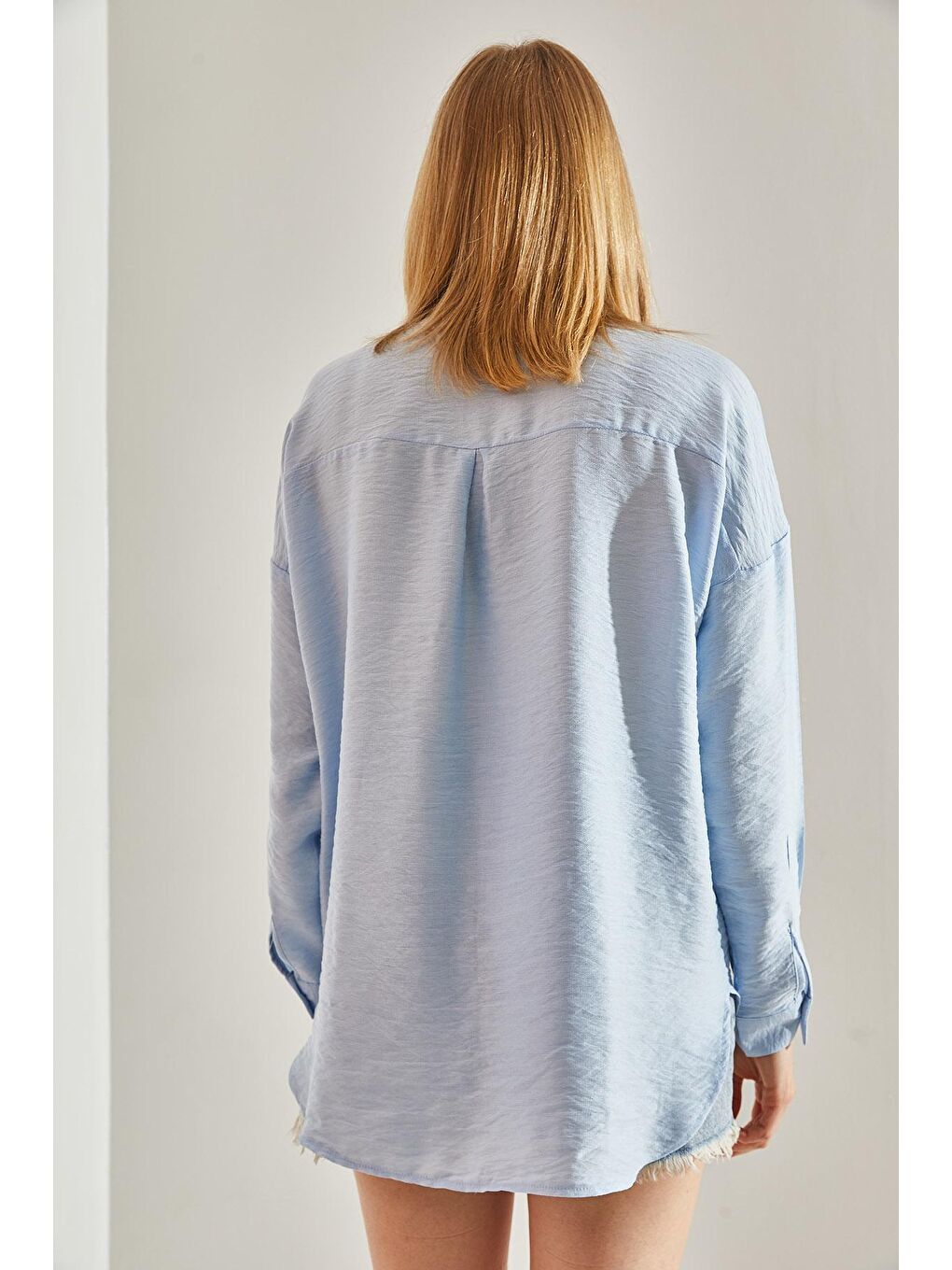 Mavi Kadın Keten İnci Taş Oversize Gömlek-3