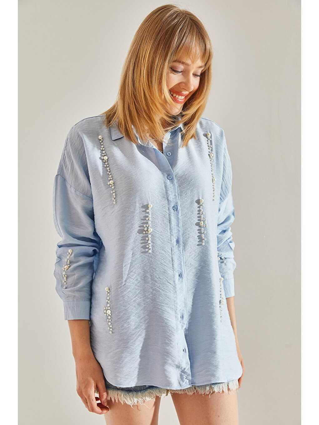Mavi Kadın Keten İnci Taş Oversize Gömlek-4