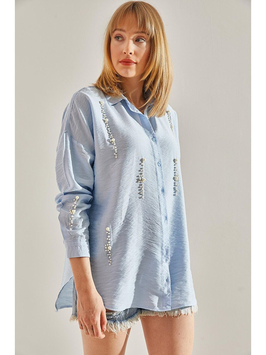 Mavi Kadın Keten İnci Taş Oversize Gömlek-5