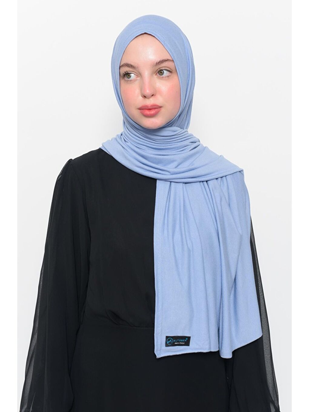 Mavi Hazır Pratik Geçmeli Lüks Organik Düz Penye Şal Çapraz Hizalı-4
