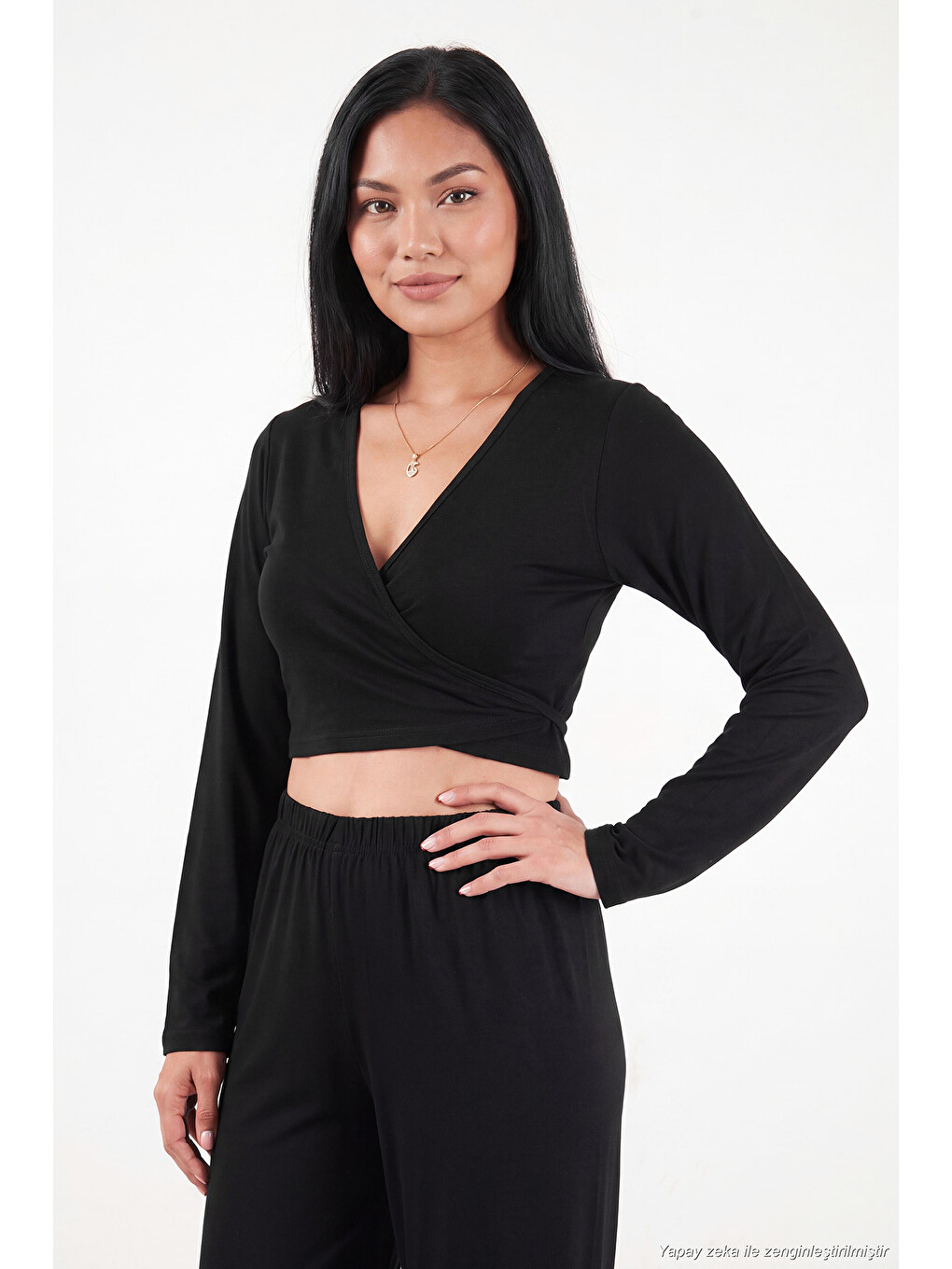 Siyah V Yaka Kruvaze Bağlamalı Crop Üst Ve Jogger Alt Kadın Pijama Takımı 65780019-3