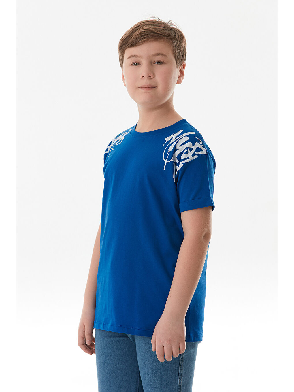 Mavi Yazı Baskılı Bisiklet Yaka Erkek Çocuk Tişört