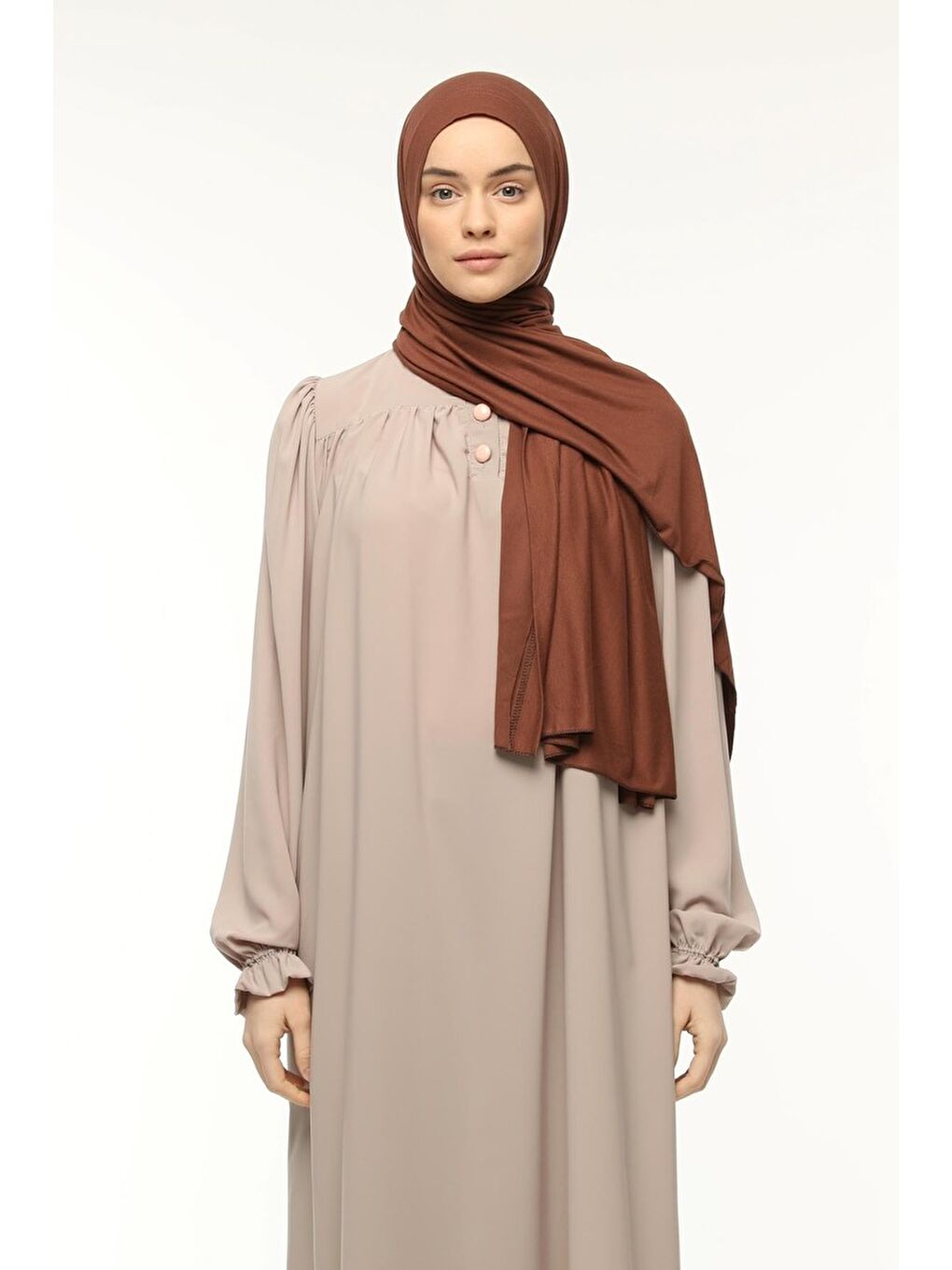 Kahverengi Hazır Pratik Geçmeli Lüks Organik Düz Penye Şal Çapraz Hizalı-3