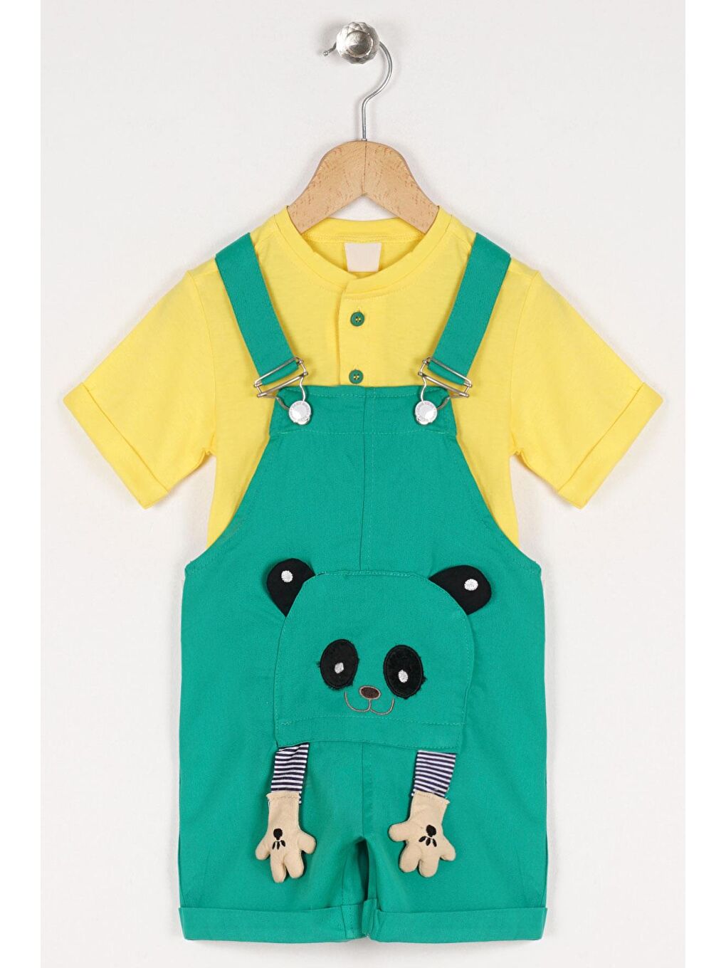 Bisiklet Yaka Kısa Kol Panda Figürlü İçi Tshirtlü Koyu Yeşil Renk Erkek Çocuk Şortlu Salopet