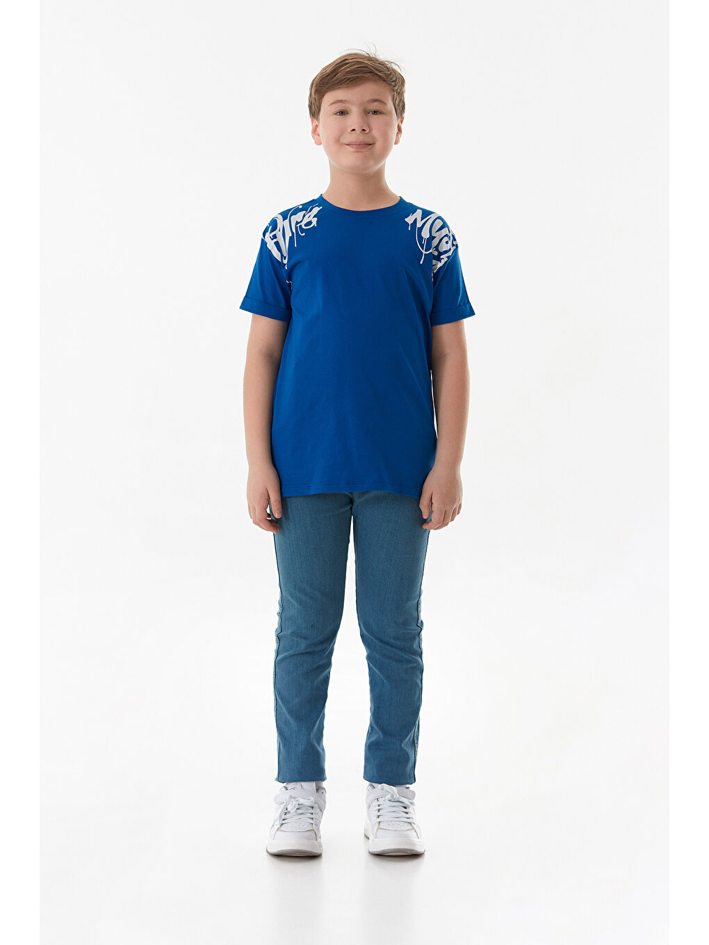 Mavi Yazı Baskılı Bisiklet Yaka Erkek Çocuk Tişört-1