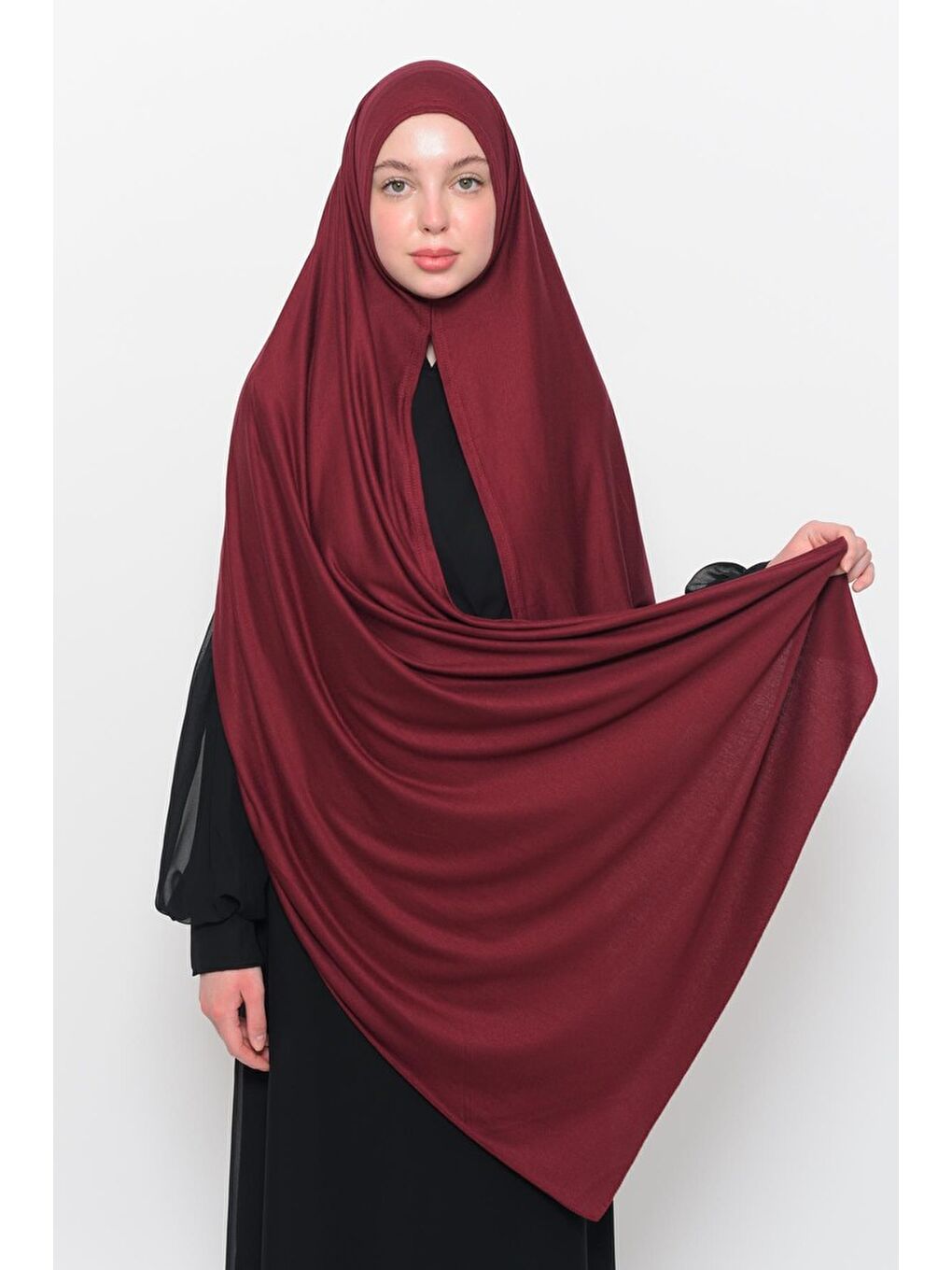 Bordo Hazır Pratik Geçmeli Lüks Organik Düz Penye Şal Çapraz Hizalı-1