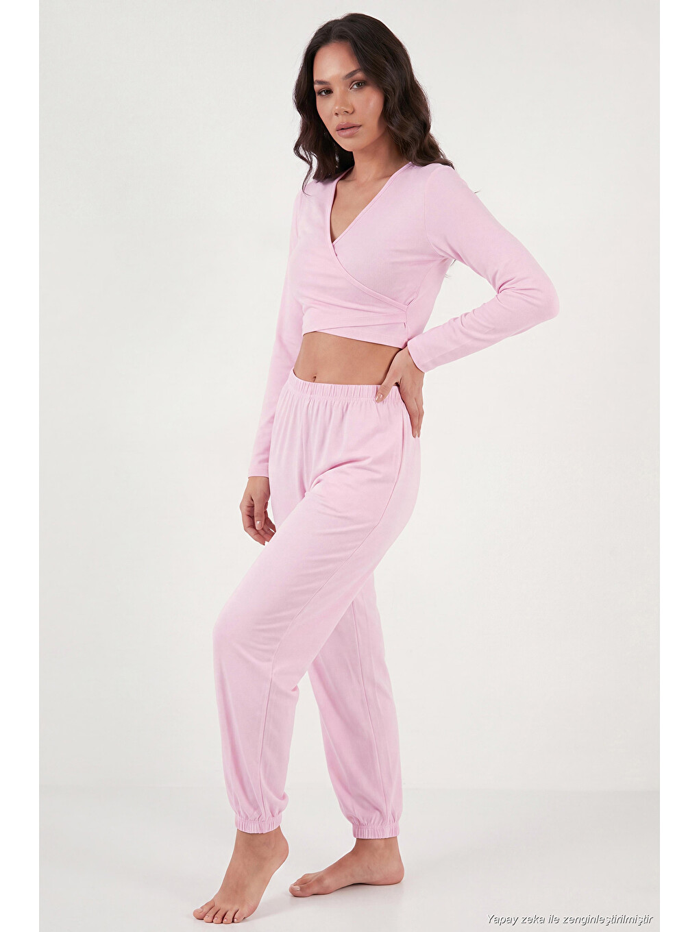 Pembe V Yaka Kruvaze Bağlamalı Crop Üst Ve Jogger Alt Kadın Pijama Takımı 65780019-1