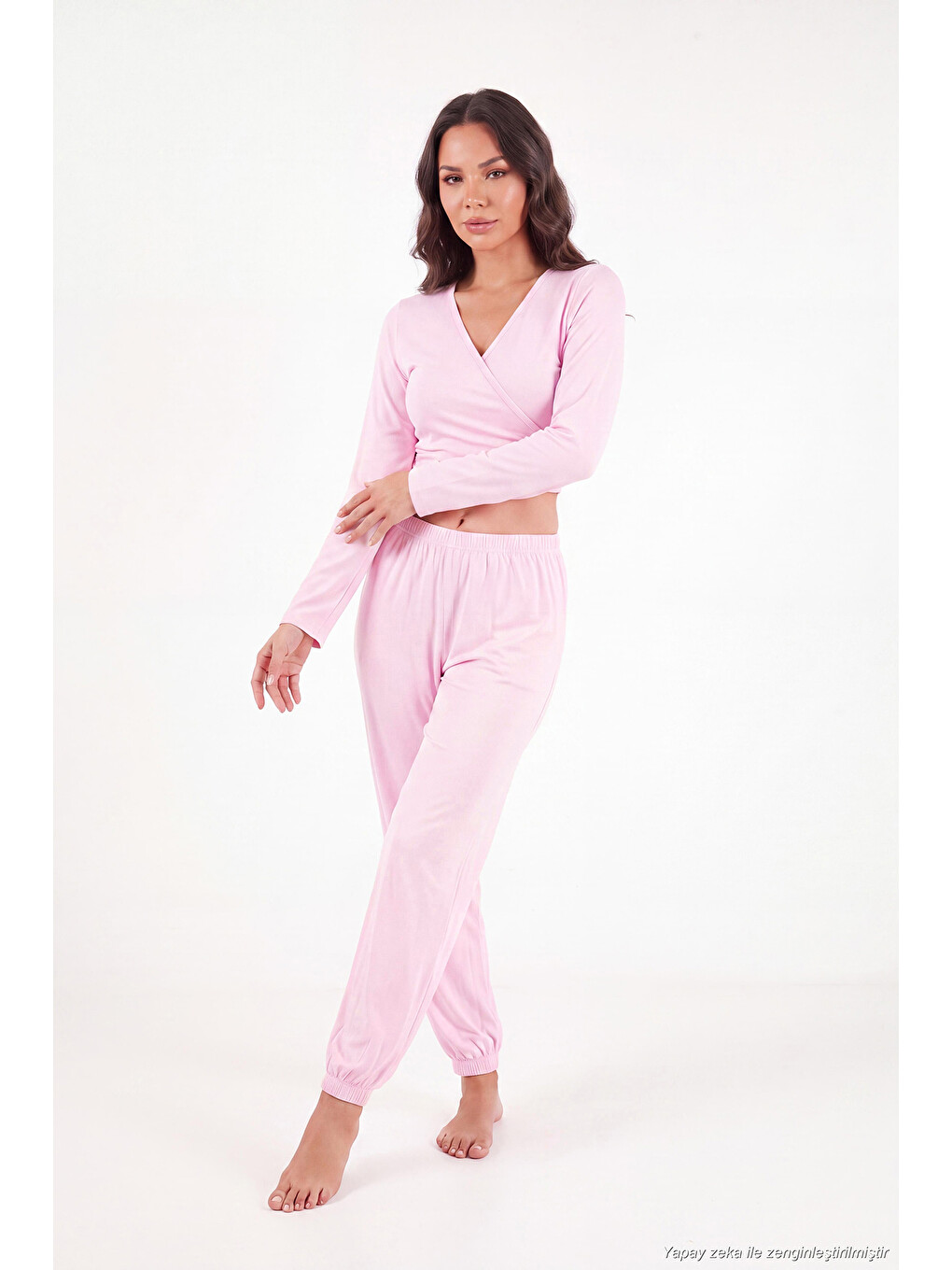 Pembe V Yaka Kruvaze Bağlamalı Crop Üst Ve Jogger Alt Kadın Pijama Takımı 65780019-2