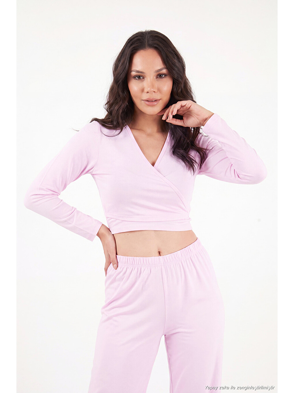 Pembe V Yaka Kruvaze Bağlamalı Crop Üst Ve Jogger Alt Kadın Pijama Takımı 65780019-4