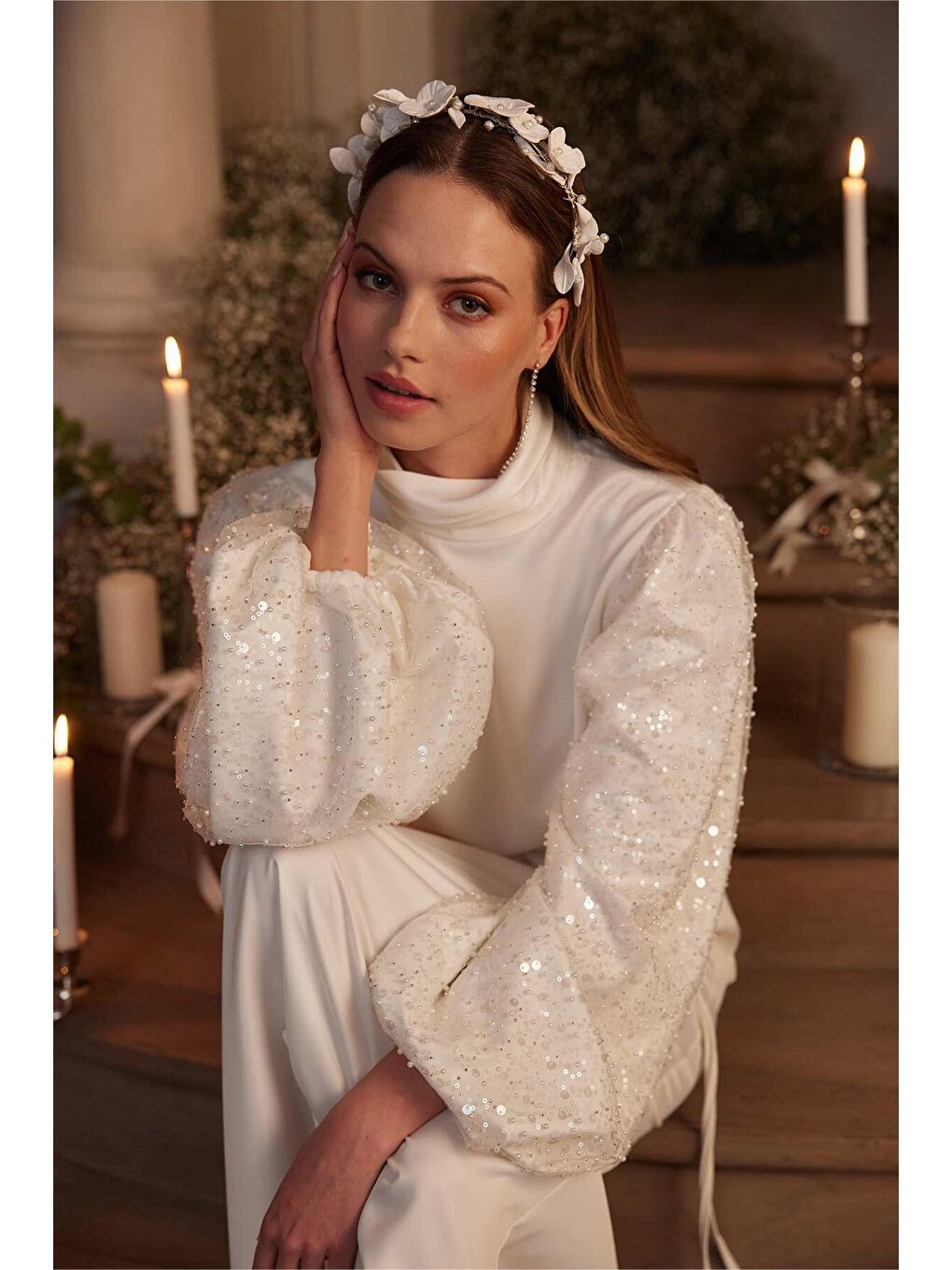 Taş İşlemeli Abiye Elbise Ekru-1