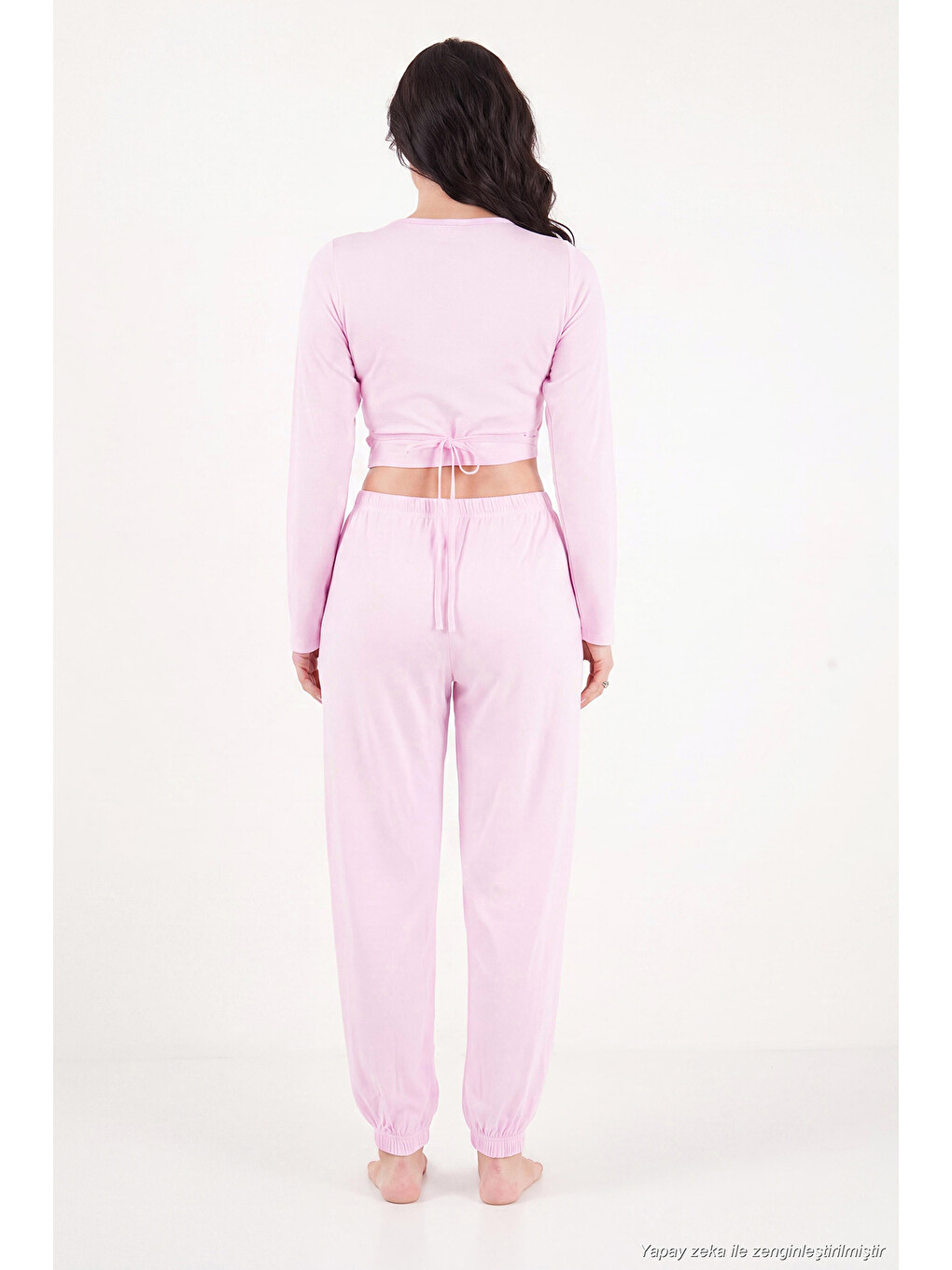 Pembe V Yaka Kruvaze Bağlamalı Crop Üst Ve Jogger Alt Kadın Pijama Takımı 65780019-6
