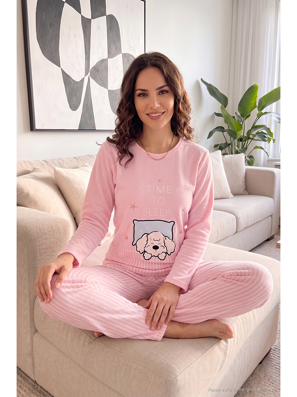 Pembe Çizgili Yumuşak Kışlık Polar Kadın Pijama Takımı 6575030