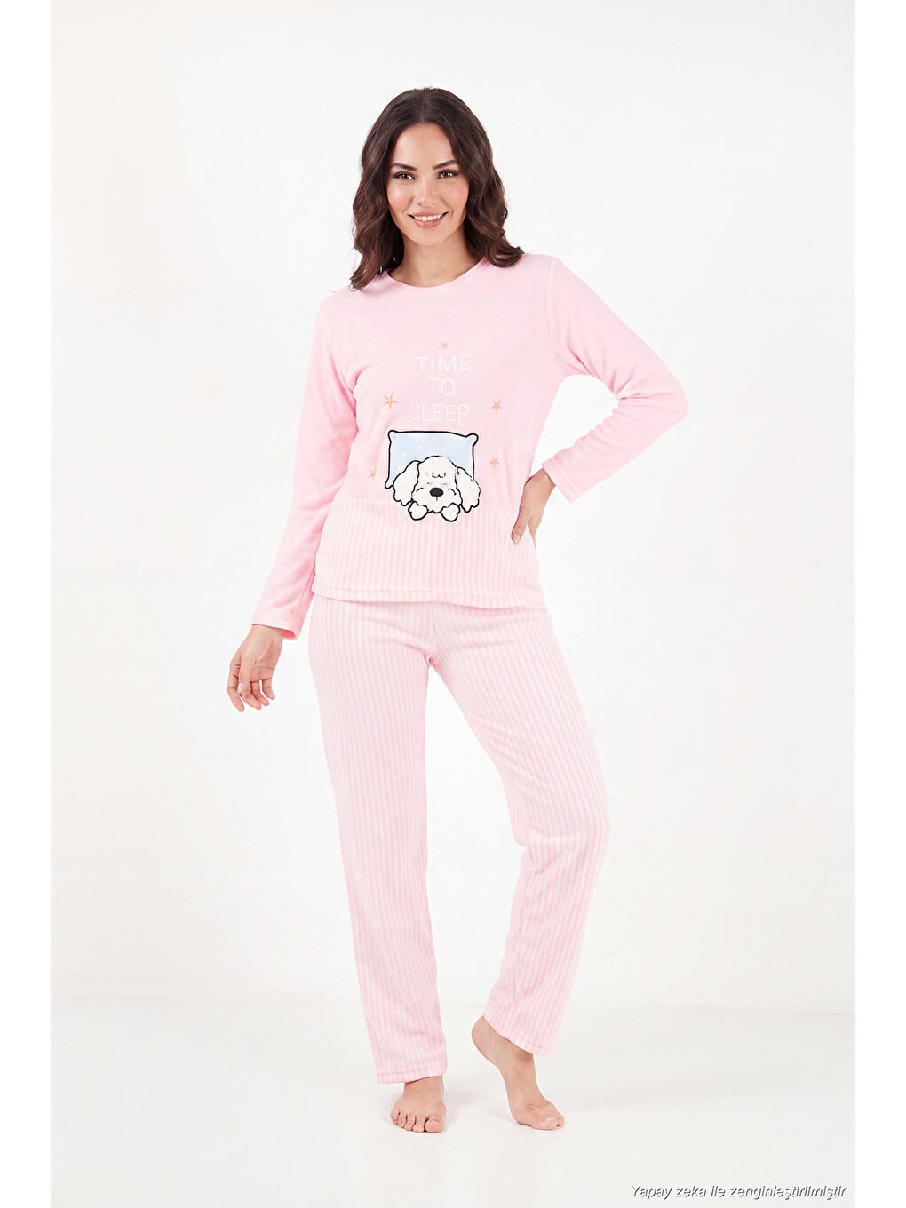 Pembe Çizgili Yumuşak Kışlık Polar Kadın Pijama Takımı 6575030-1