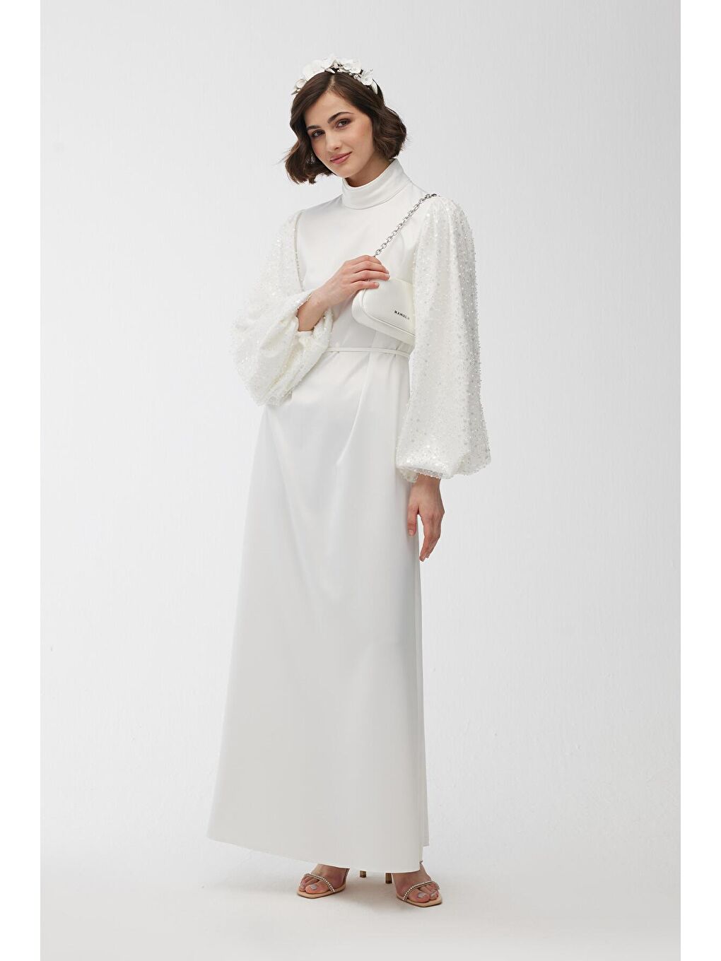 Taş İşlemeli Abiye Elbise Ekru-2