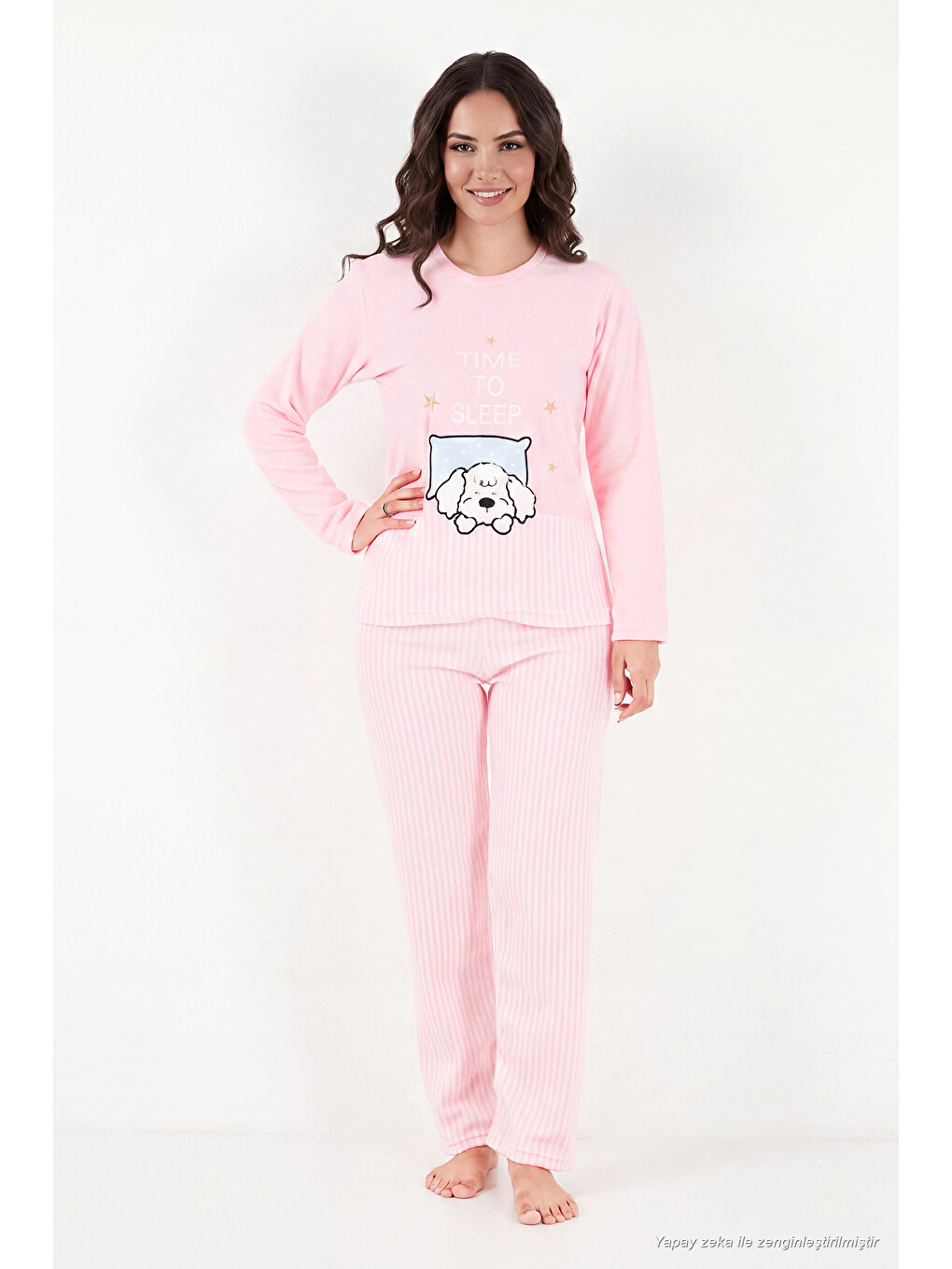 Pembe Çizgili Yumuşak Kışlık Polar Kadın Pijama Takımı 6575030-2