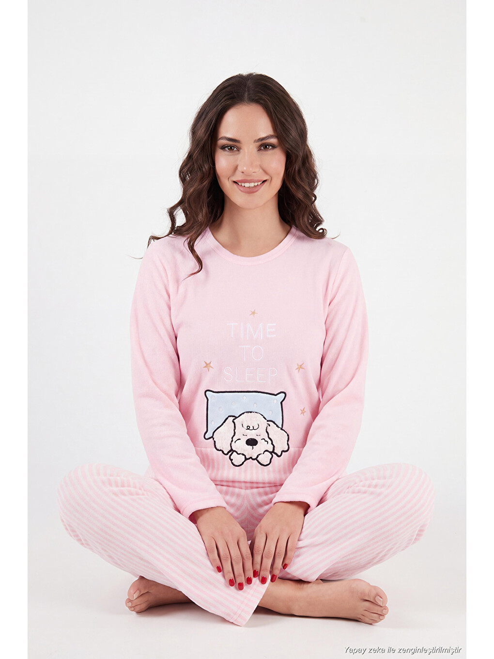 Pembe Çizgili Yumuşak Kışlık Polar Kadın Pijama Takımı 6575030-3