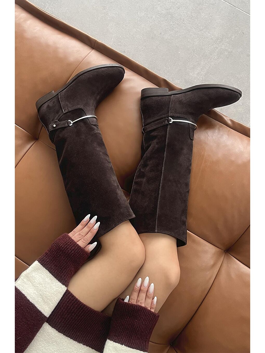 Kahverengi Scott Kadın Aksesuar Detay Hakiki Deri Süet Çizme Kahve-1