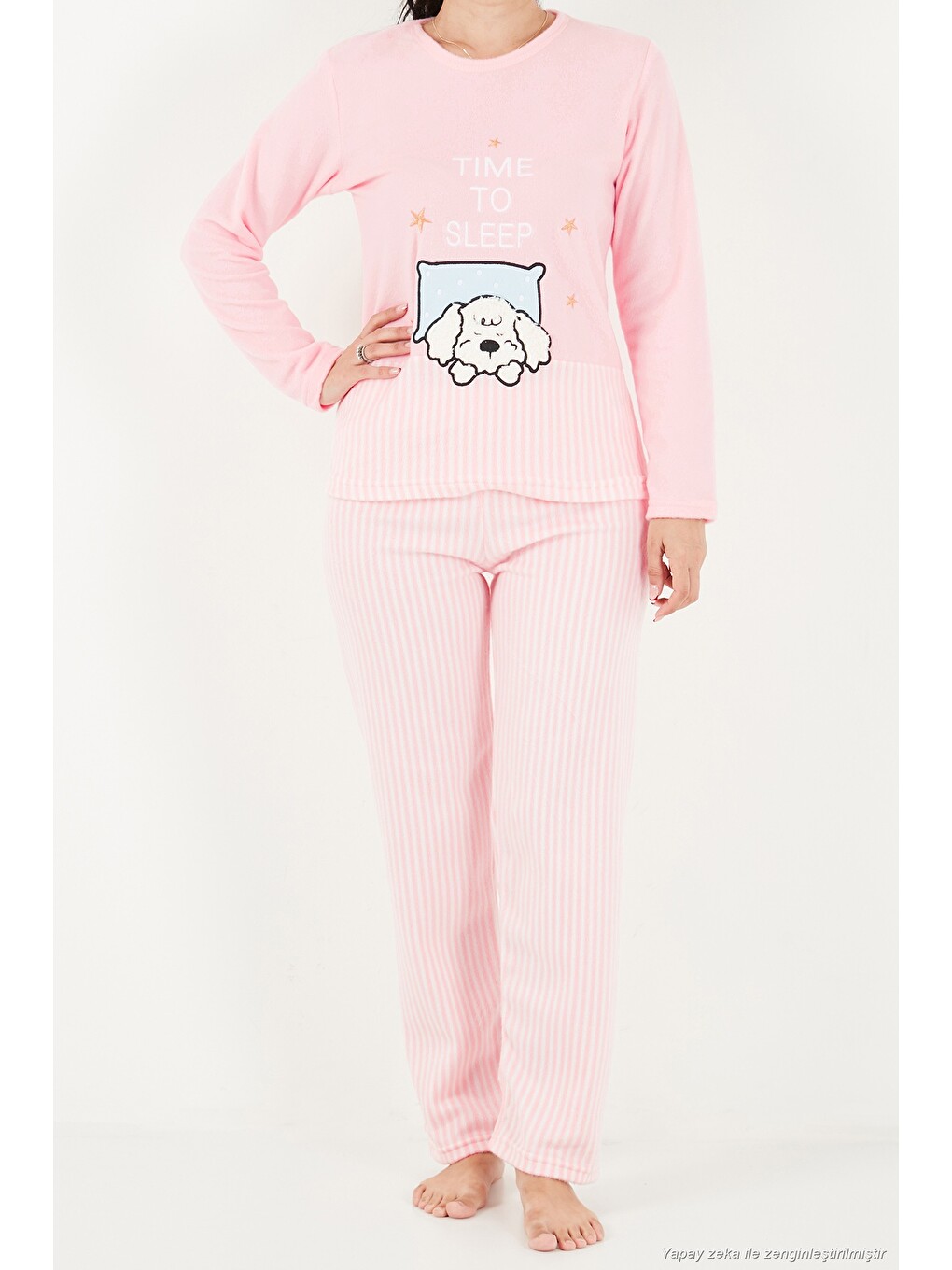 Pembe Çizgili Yumuşak Kışlık Polar Kadın Pijama Takımı 6575030-5