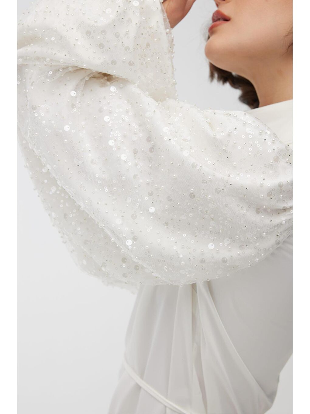 Taş İşlemeli Abiye Elbise Ekru-3