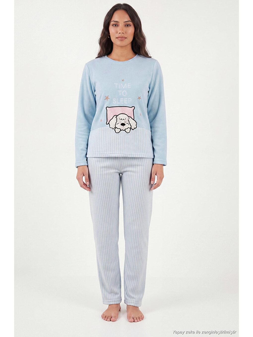 Mavi Çizgili Yumuşak Kışlık Polar Kadın Pijama Takımı 6575030-1