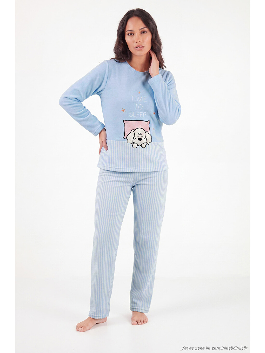 Mavi Çizgili Yumuşak Kışlık Polar Kadın Pijama Takımı 6575030-2