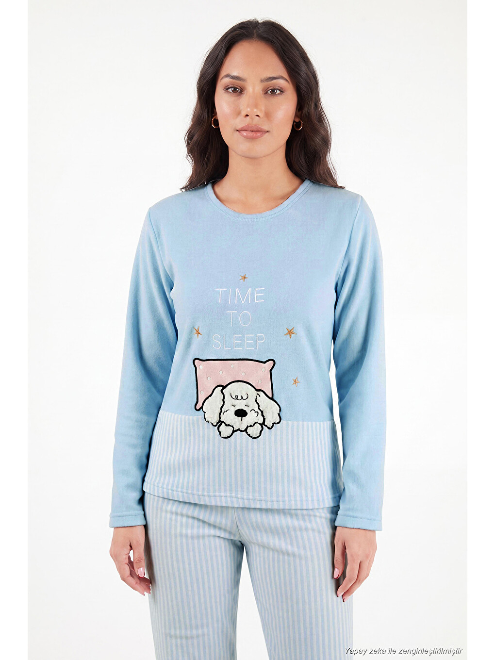 Mavi Çizgili Yumuşak Kışlık Polar Kadın Pijama Takımı 6575030-3