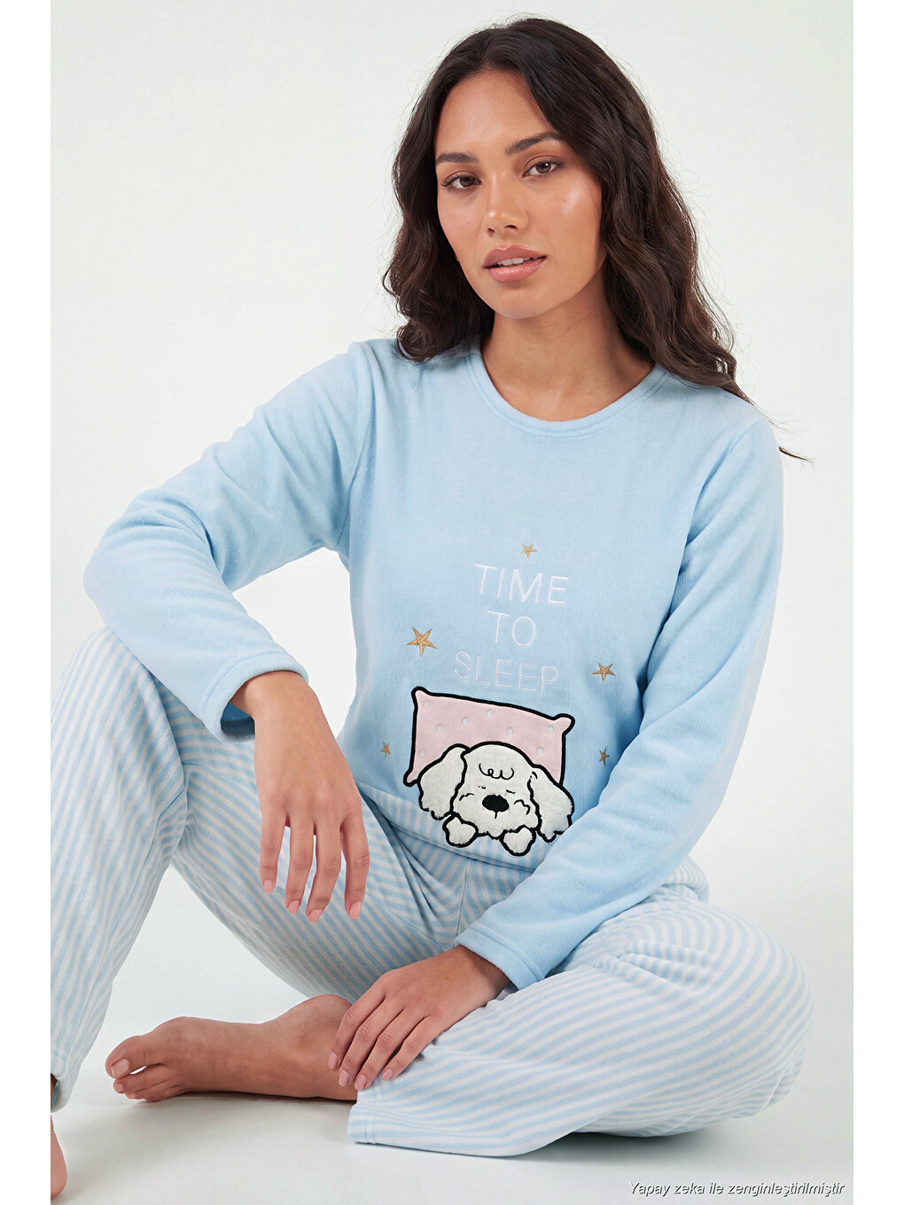 Mavi Çizgili Yumuşak Kışlık Polar Kadın Pijama Takımı 6575030-4