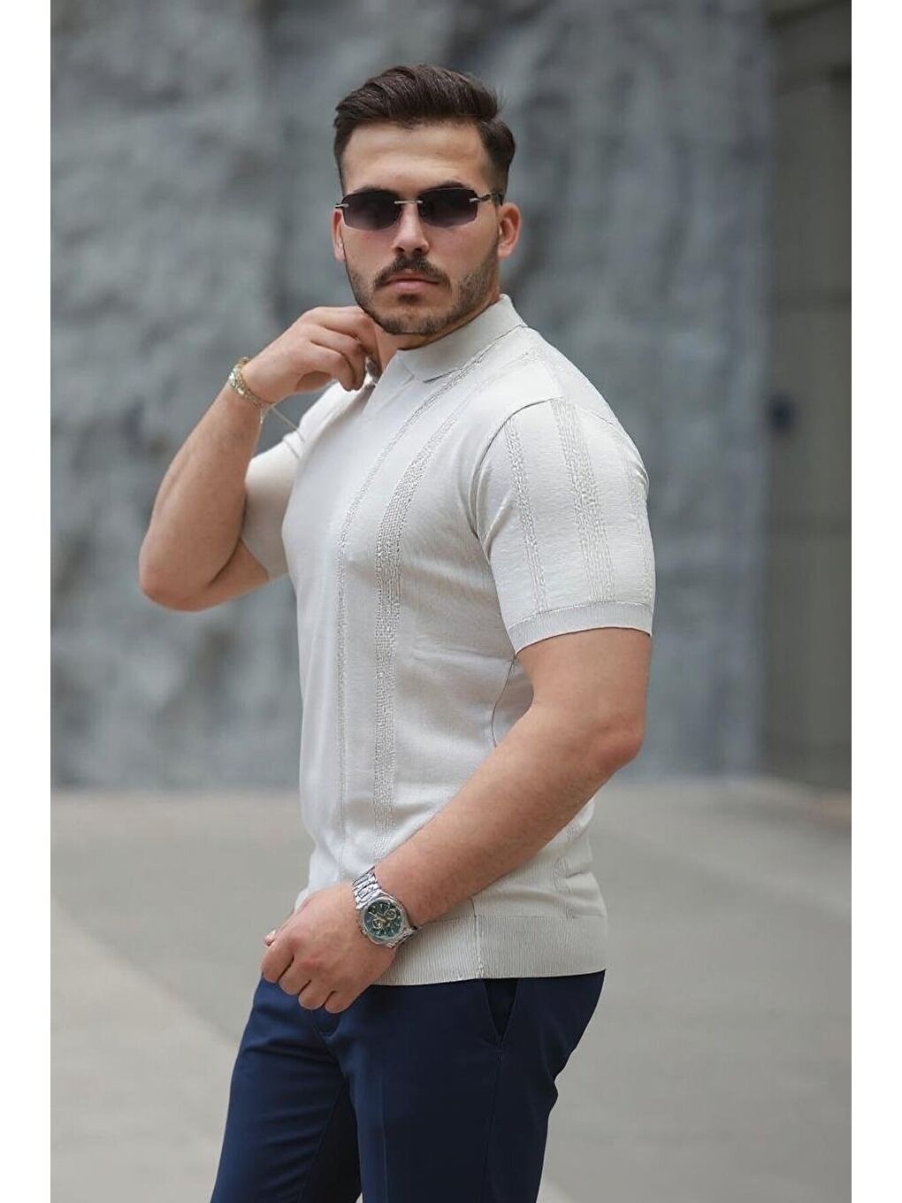 Bej Erkek Hemşire Yaka Kısa Kollu Tişört