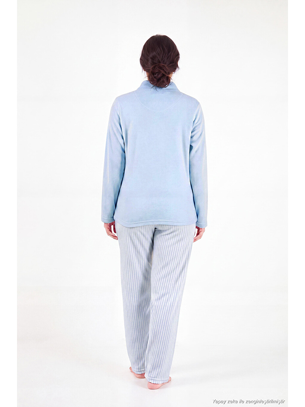 Mavi Çizgili Yumuşak Kışlık Polar Kadın Pijama Takımı 6575030-6