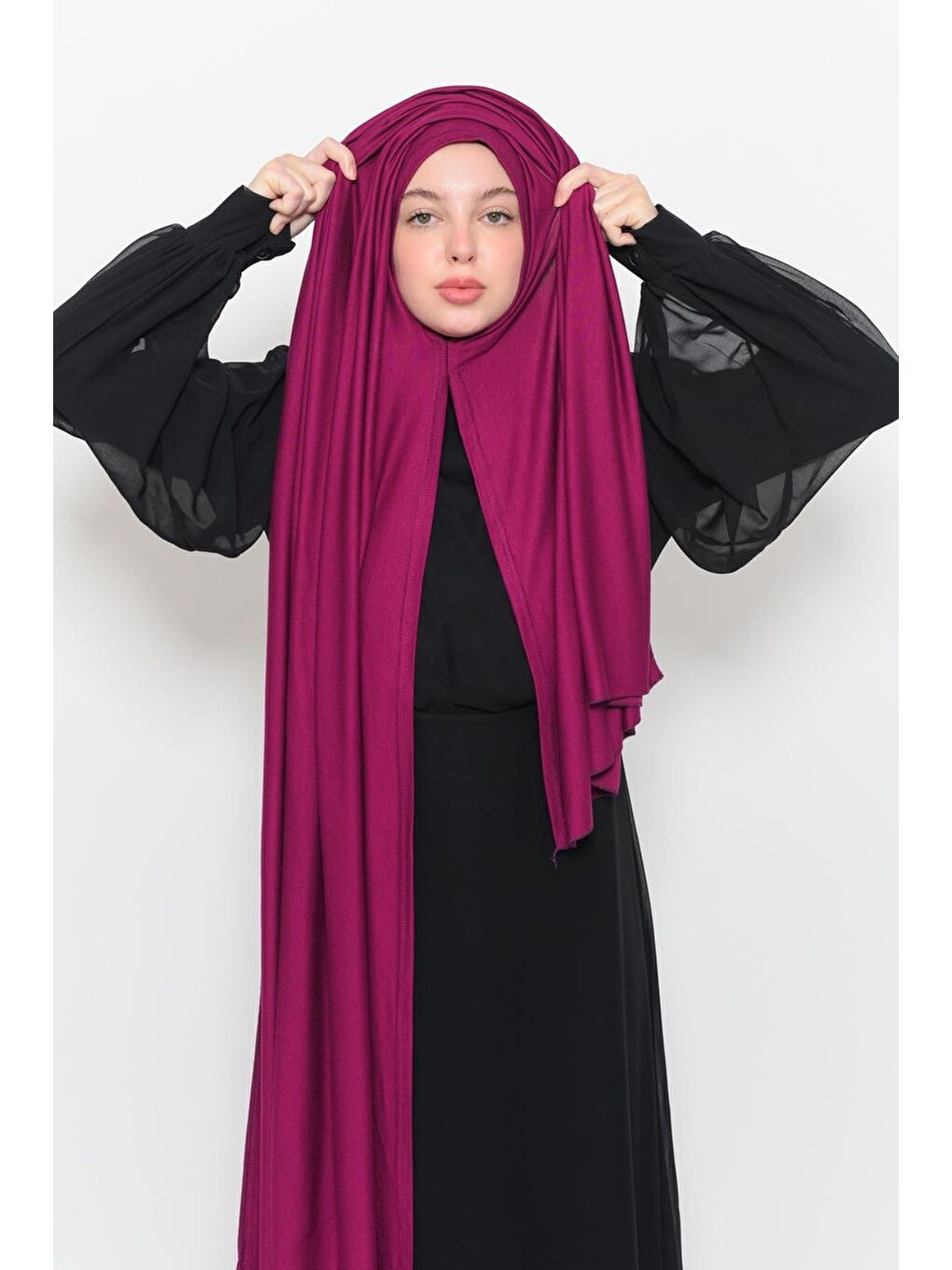 Fuşya Hazır Pratik Geçmeli Lüks Organik Düz Penye Şal Çapraz Hizalı