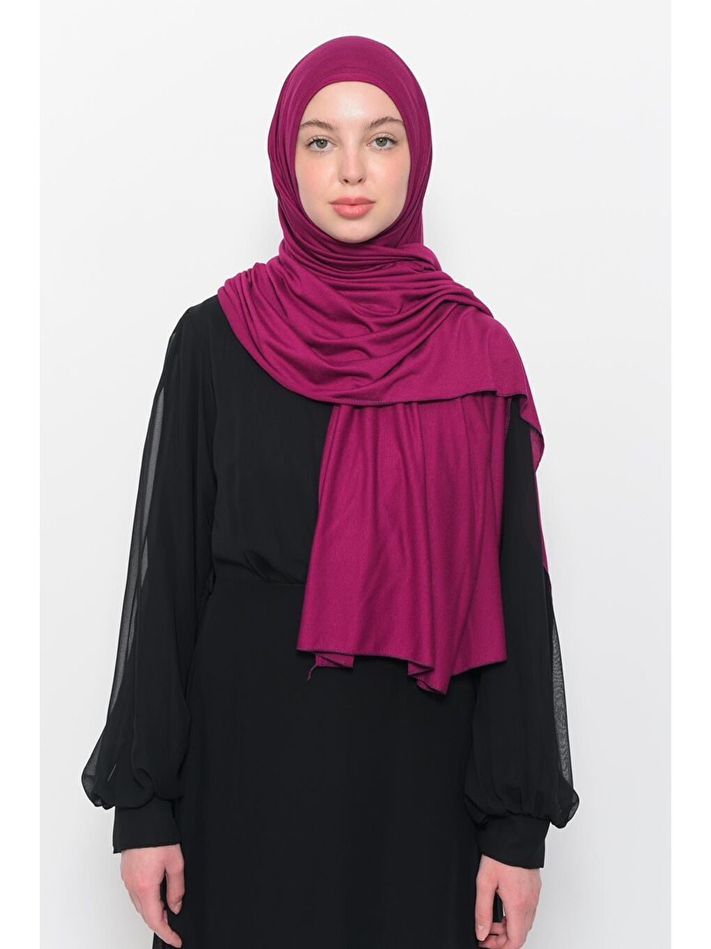 Fuşya Hazır Pratik Geçmeli Lüks Organik Düz Penye Şal Çapraz Hizalı-3