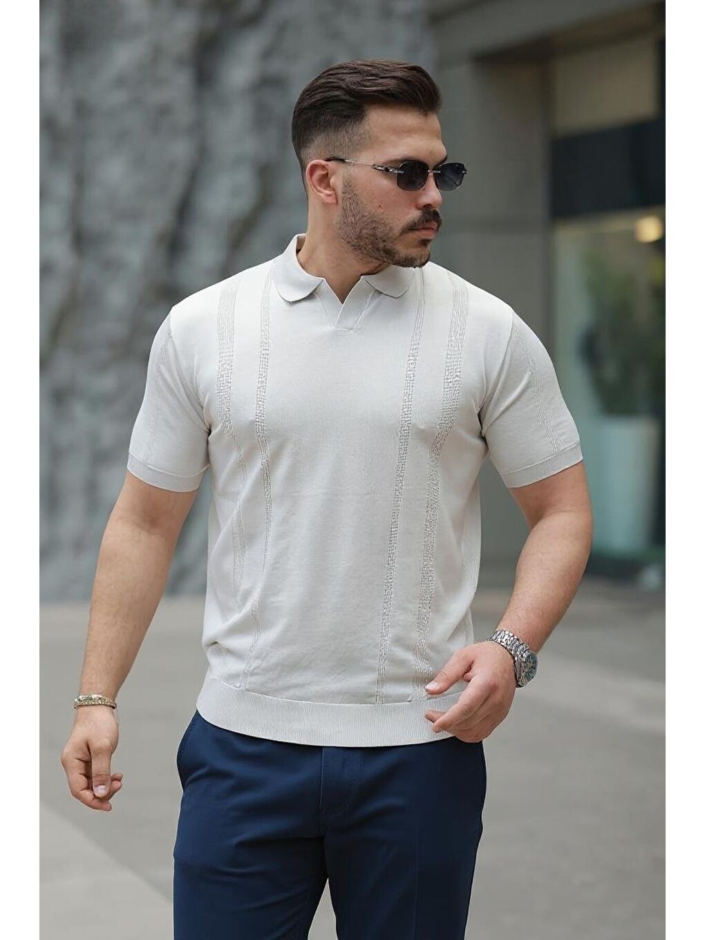 Bej Erkek Hemşire Yaka Kısa Kollu Tişört-1