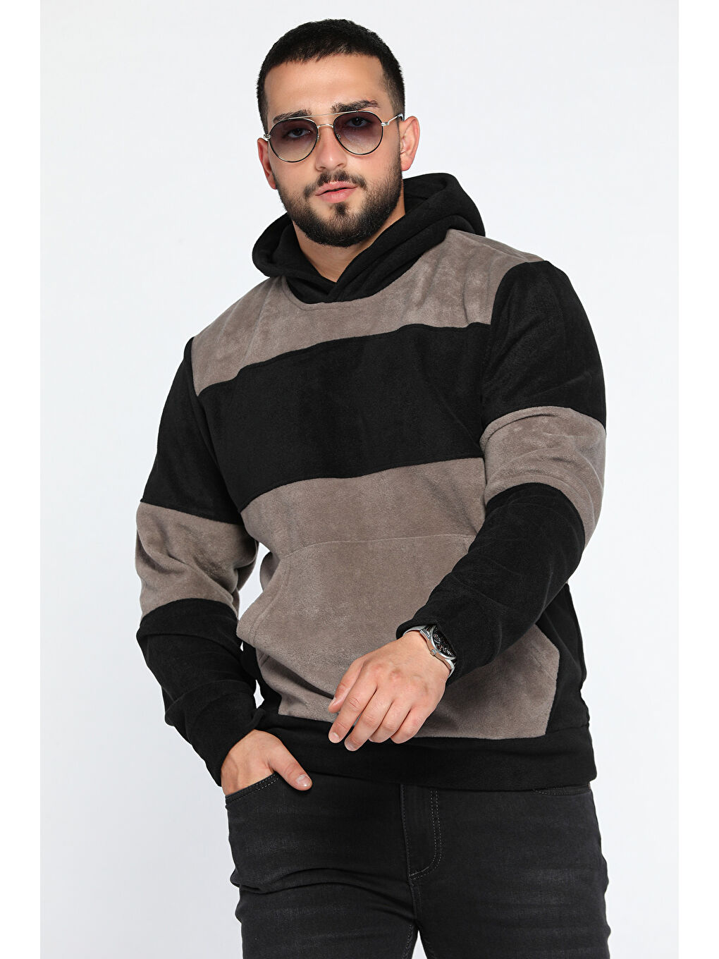 Mishar İtalia Siyah Erkek Kapüşonlu Renk Garnili Polar Sweatshirt