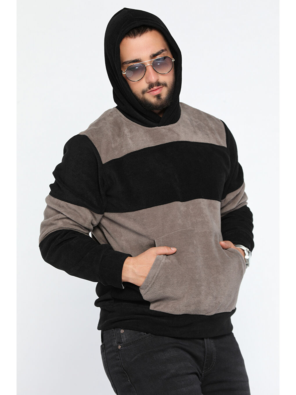 Mishar İtalia Siyah Erkek Kapüşonlu Renk Garnili Polar Sweatshirt - 1